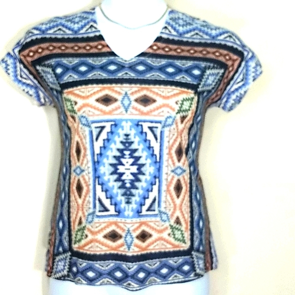 Charming Charlie Southwest Ikat Print T-Shirt Top Small Boho Cowgirl Western EUC